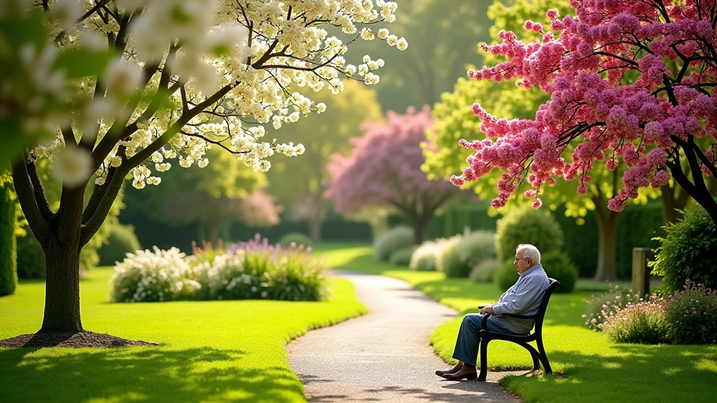 Garden in full bloom during spring with pink and white flowering trees, visitor sitting on bench in background enjoying the view