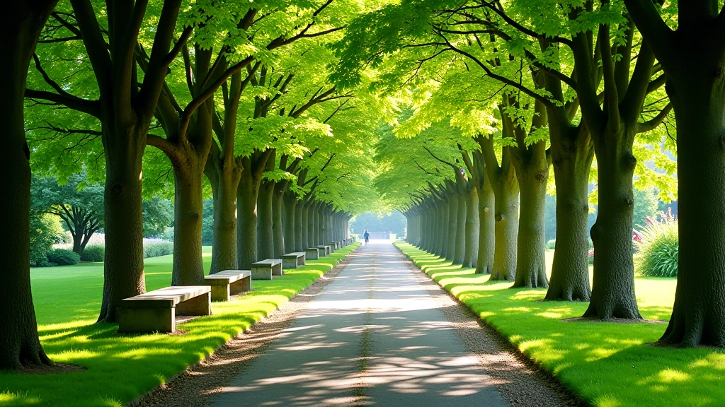 Garden pathways at Mount Usher with mature trees creating dappled shade and informal seating areas visible along the route
