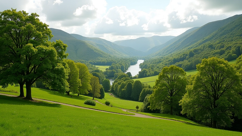 Scenic valley view from Mount Usher Gardens showing rolling landscape, mature tree canopy, and river valley in Wicklow countryside