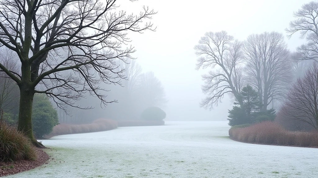 Winter garden landscape with bare tree branches silhouetted against pale sky, frost on ground, peaceful minimalist composition