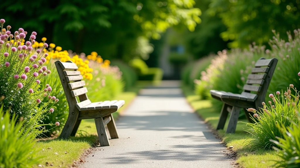 Wooden bench positioned on level garden pathway, surrounded by flowering plants and greenery, natural daylight, peaceful garden setting